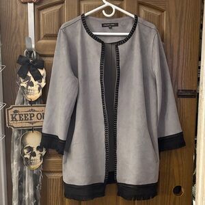 Colleen Lopez Gray Open Shacket with Black Fringe Trim